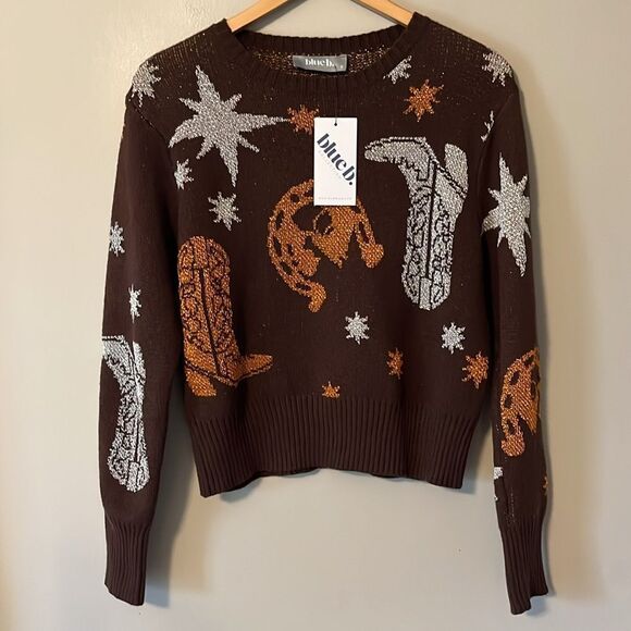 New! Western Metallic Cowboy Sweater Cropped Brown Size Small - Picture 2 of 9